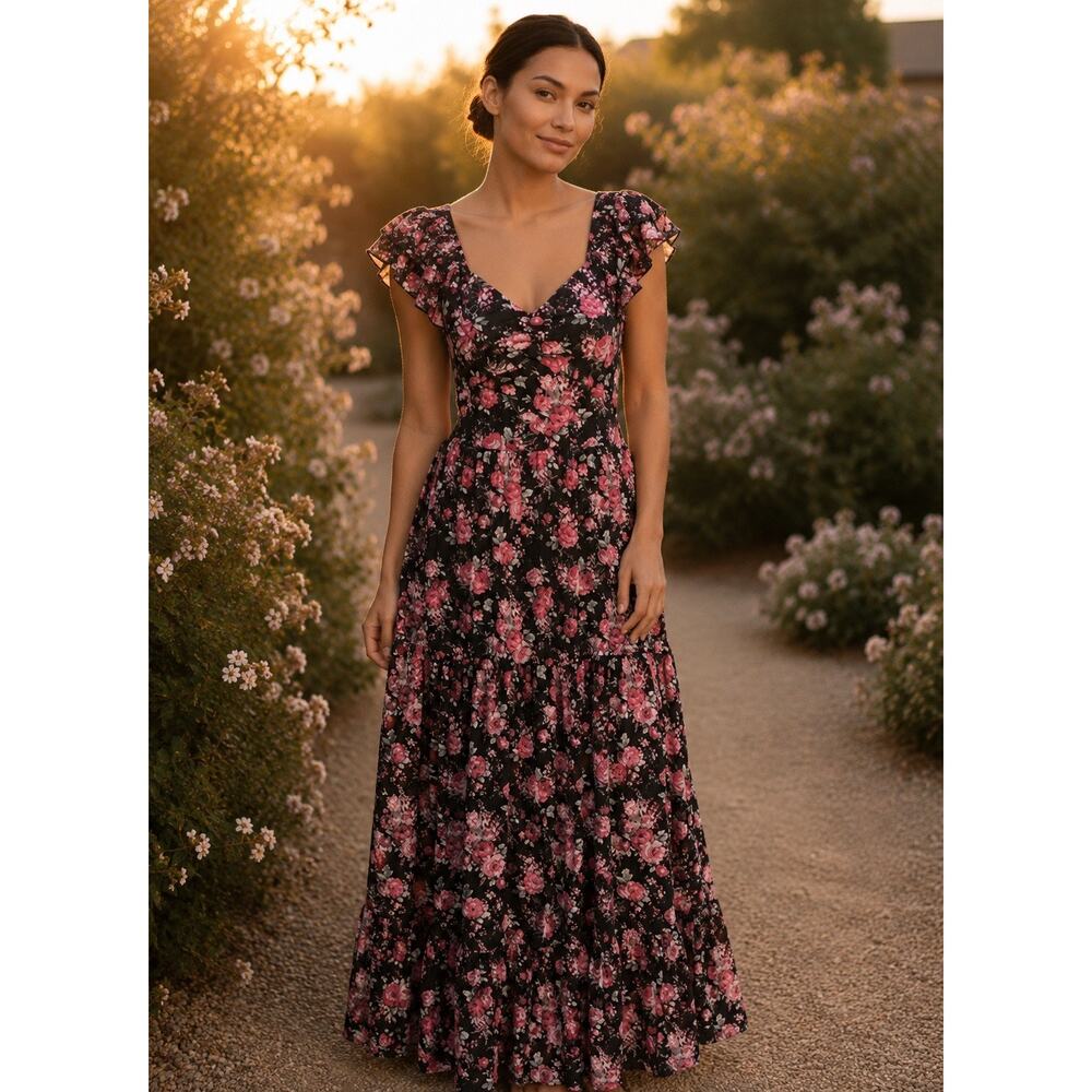 Altar'd State Black Floral Bow Back Ruffle Maxi Dress Medium NWOT Wedding Guest